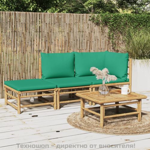 Градински лаундж комплект със зелени възглавници 3 части бамбук