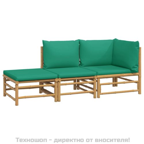 Градински лаундж комплект със зелени възглавници 3 части бамбук