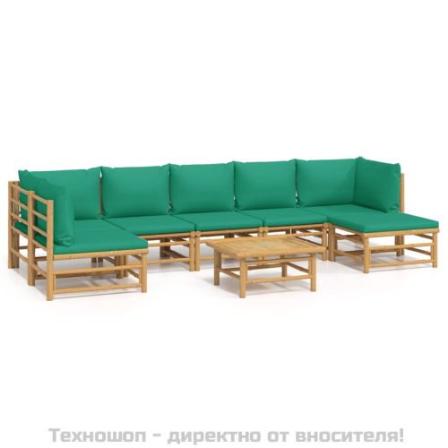 Градински лаундж комплект, 8 части, зелени възглавници, бамбук