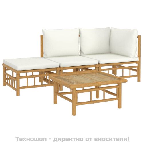 Градински лаундж комплект, 4 части, кремави възглавници, бамбук