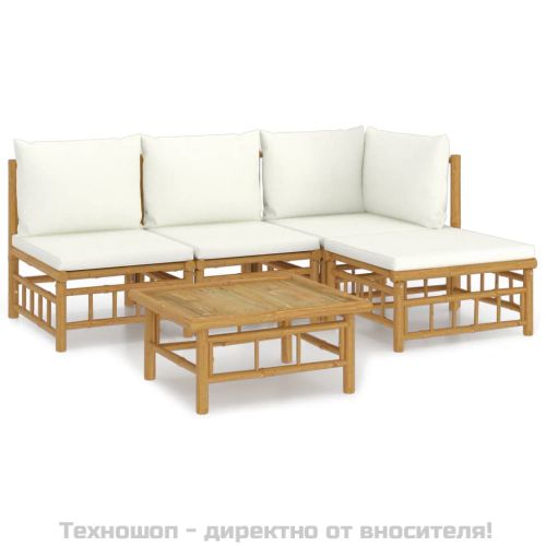 Градински лаундж комплект с кремави възглавници 5 части бамбук