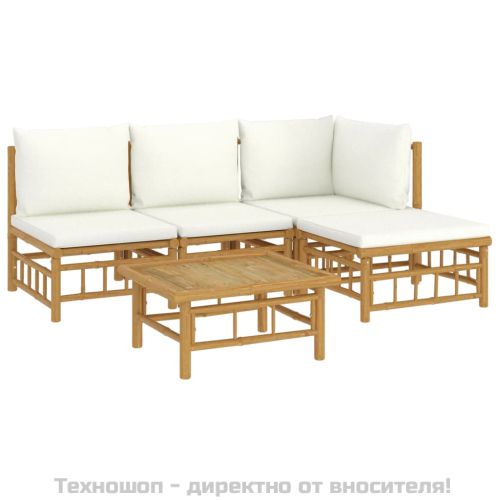 Градински лаундж комплект с кремави възглавници 5 части бамбук
