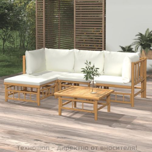 Градински лаундж комплект с кремави възглавници 5 части бамбук