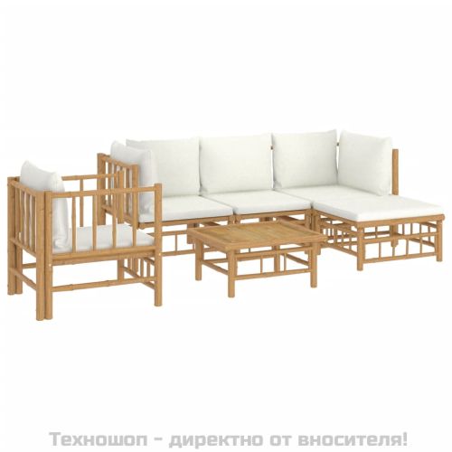 Градински лаундж комплект с кремави възглавници 6 части бамбук