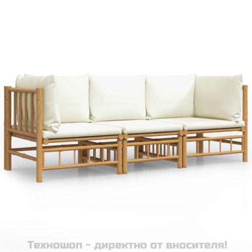 Градински лаундж комплект с кремави възглавници 3 части бамбук