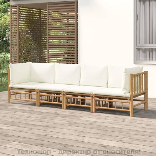 Градински лаундж комплект с кремави възглавници 4 части бамбук