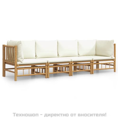 Градински лаундж комплект с кремави възглавници 4 части бамбук