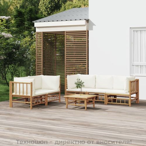 Градински лаундж комплект с кремави възглавници 6 части бамбук