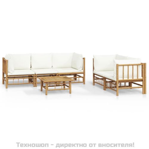 Градински лаундж комплект с кремави възглавници 6 части бамбук