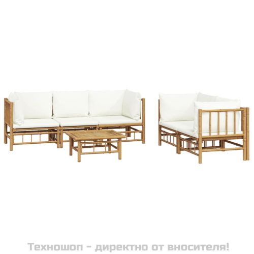 Градински лаундж комплект с кремави възглавници 6 части бамбук