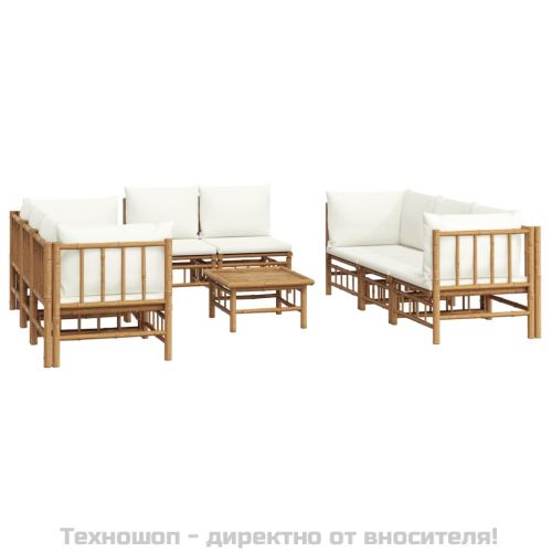 Градински лаундж комплект с кремави възглавници 9 части бамбук