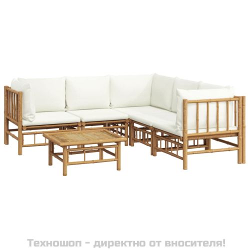Градински лаундж комплект с кремави възглавници 6 части бамбук