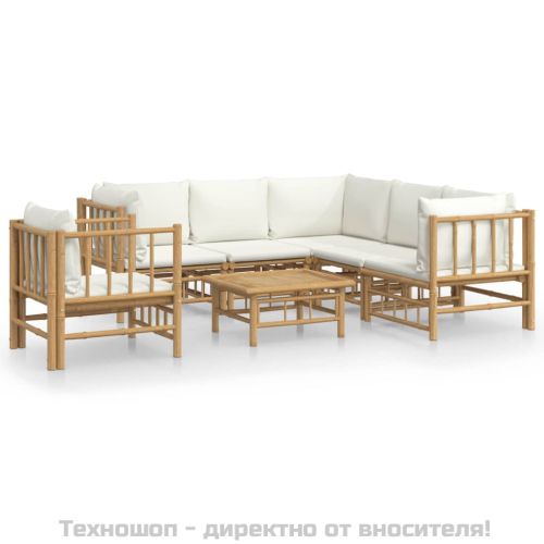Градински лаундж комплект с кремави възглавници 7 части бамбук