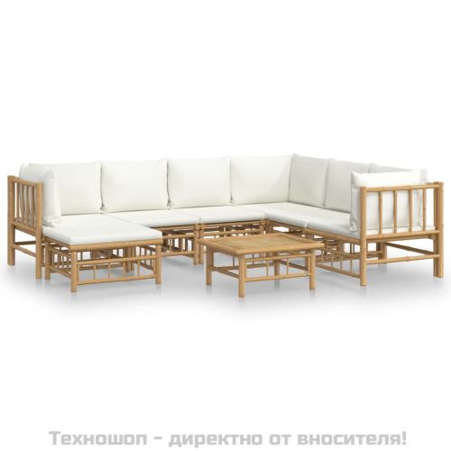 Градински лаундж комплект с кремави възглавници 8 части бамбук