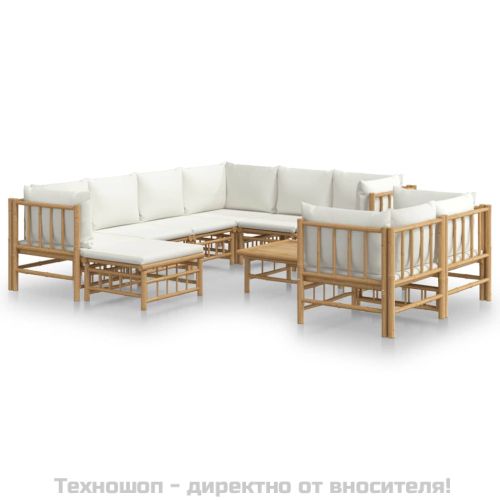 Градински лаундж комплект с кремави възглавници 10 части бамбук