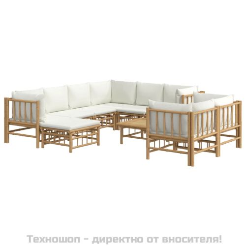 Градински лаундж комплект с кремави възглавници 10 части бамбук