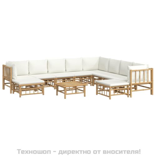 Градински лаундж комплект с кремави възглавници 11 части бамбук