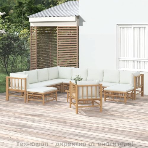 Градински лаундж комплект с кремави възглавници 12 части бамбук