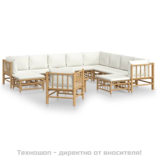Градински лаундж комплект с кремави възглавници 12 части бамбук