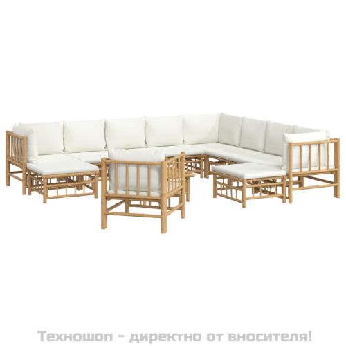Градински лаундж комплект с кремави възглавници 12 части бамбук
