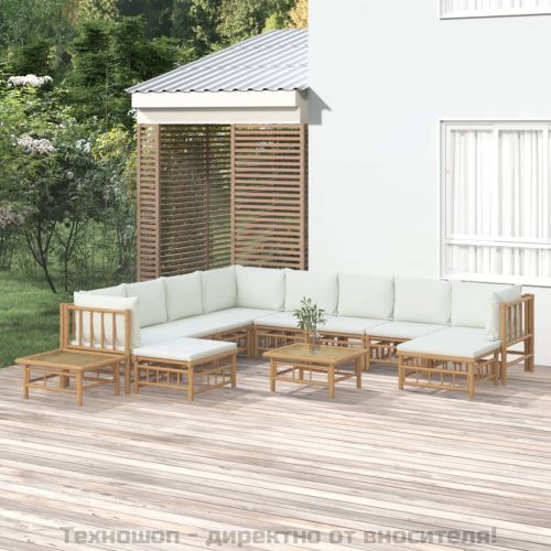 Градински лаундж комплект с кремави възглавници 12 части бамбук