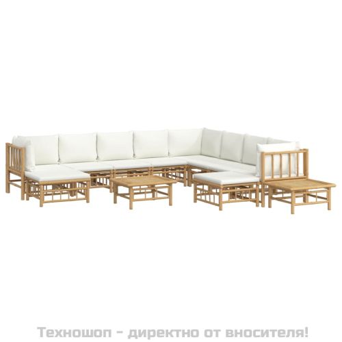 Градински лаундж комплект с кремави възглавници 12 части бамбук