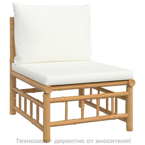 Градински лаундж комплект с кремави възглавници 9 части бамбук