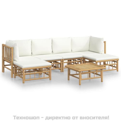 Градински лаундж комплект с кремави възглавници 7 части бамбук