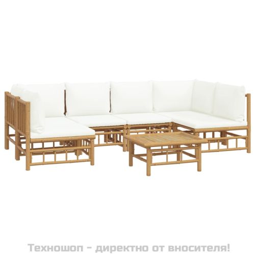 Градински лаундж комплект с кремави възглавници 7 части бамбук