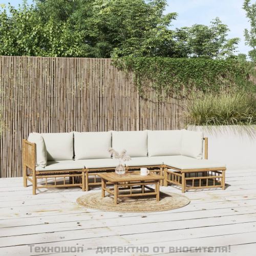 Градински лаундж комплект с кремави възглавници 6 части бамбук