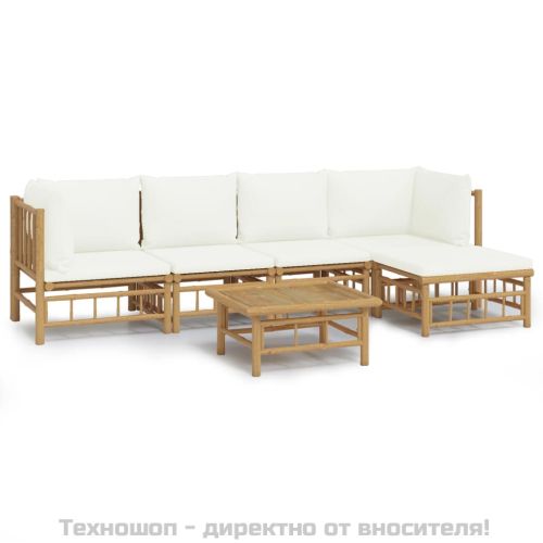 Градински лаундж комплект с кремави възглавници 6 части бамбук