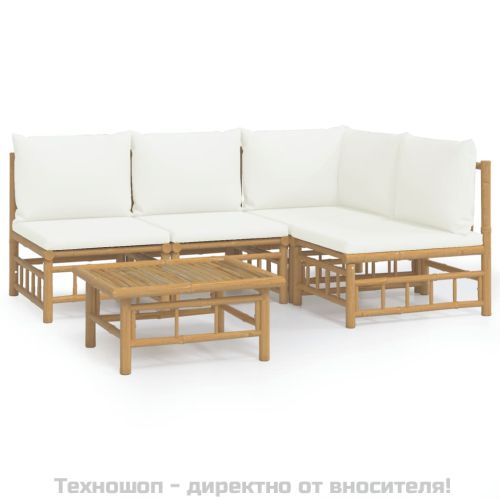 Градински лаундж комплект с кремави възглавници 5 части бамбук