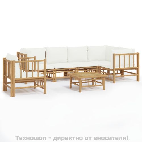 Градински лаундж комплект с кремави възглавници 7 части бамбук