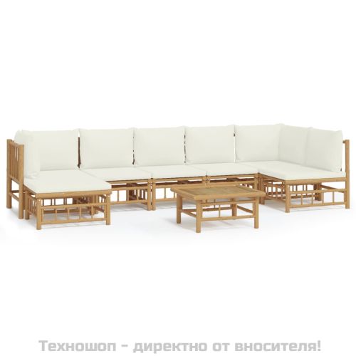 Градински лаундж комплект с кремави възглавници 8 части бамбук