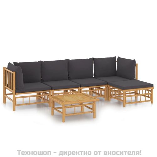 Градински лаундж комплект тъмносиви възглавници 6 части бамбук