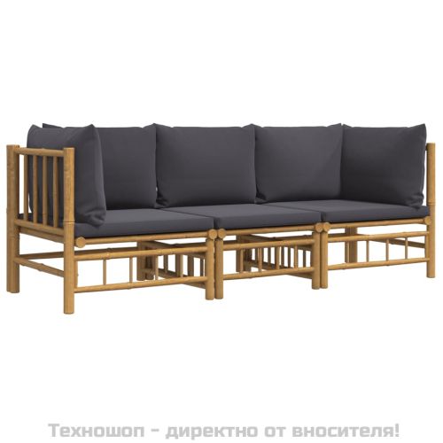 Градински лаундж комплект тъмносиви възглавници 3 части бамбук