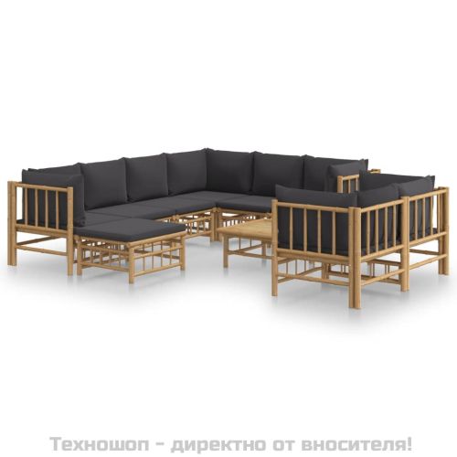 Градински лаундж комплект тъмносиви възглавници 10 части бамбук