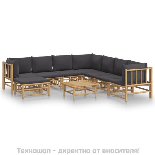Градински лаундж комплект тъмносиви възглавници 9 части бамбук
