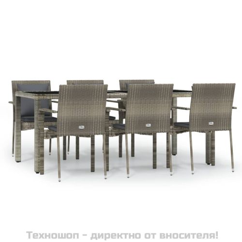 Градински трапезен комплект 7 части с възглавници сив полиратан