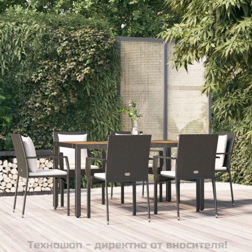 Градински трапезен комплект 7 части възглавници черен полиратан