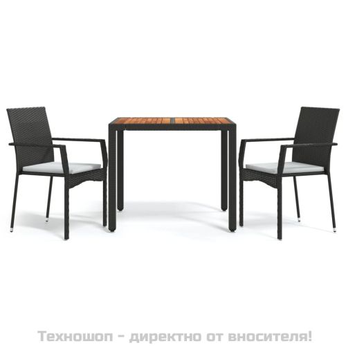 Градински комплект от 3 части с възглавници черни полиратан