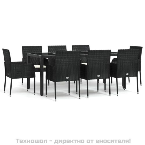 Градински трапезен комплект възглавници 9 части черен полиратан