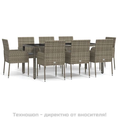 Градински трапезен комплект 9 части с възглавници сив полиратан