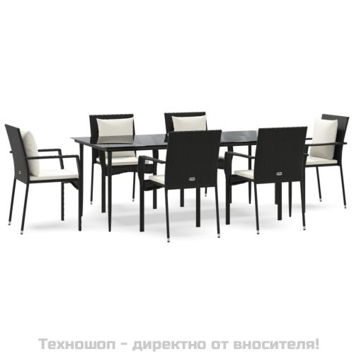 Градински трапезен комплект 7 части възглавници черен полиратан