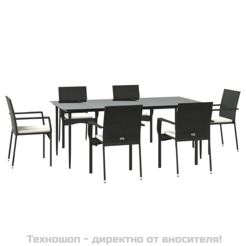 Градински трапезен комплект 7 части възглавници черен полиратан