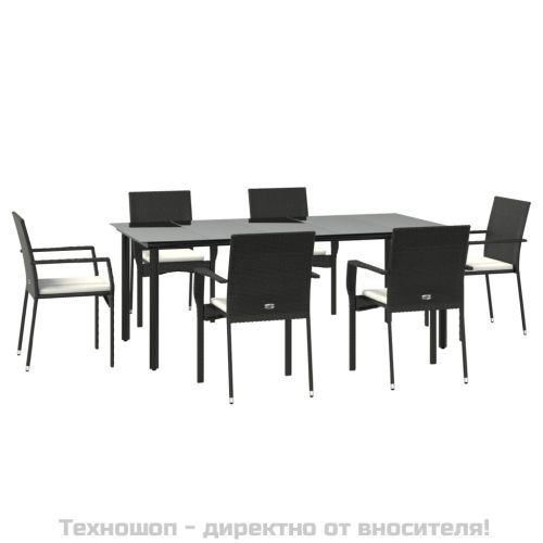 Градински трапезен комплект 7 части възглавници черен полиратан
