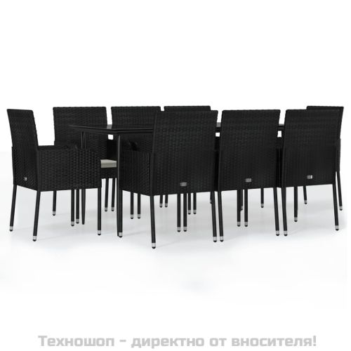 Градински трапезен комплект възглавници 9 части черен полиратан