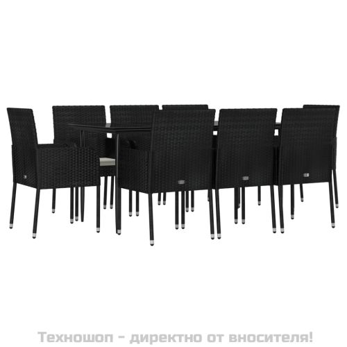 Градински трапезен комплект възглавници 9 части черен полиратан