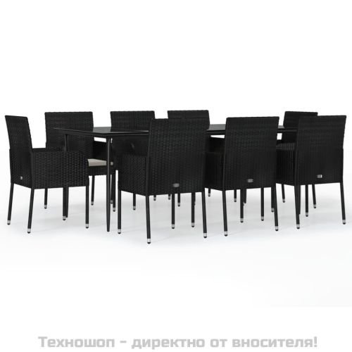 Градински трапезен комплект възглавници 9 части черен полиратан