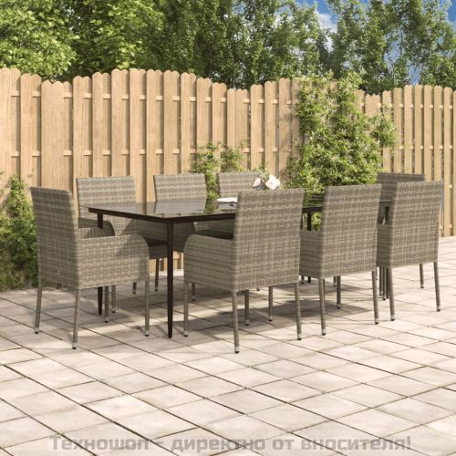 Градински трапезен комплект 9 части с възглавници сив полиратан
